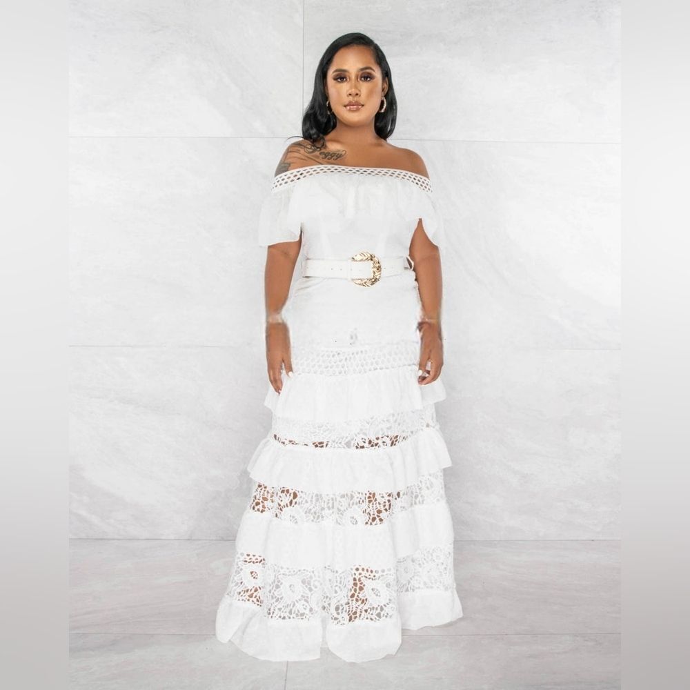OFF WHITE RUFFLED TIERED MAXI DRESS WITH GOLD BELT